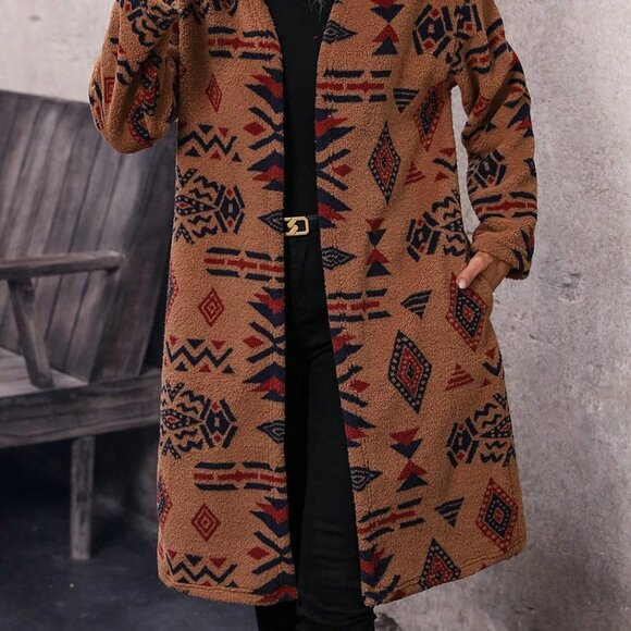 Brown Preppy Womens Geo Print Drop Shoulder Open Front Coat - Picture 5 of 5